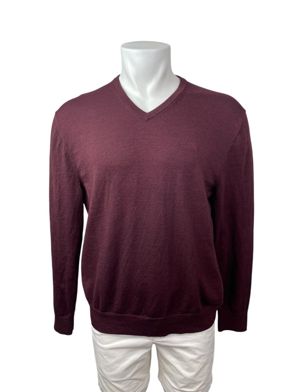 Calvin Klein Men's Burgundy Red Wool V Neck Long Sleeve Sweatshitr Sweater Top L